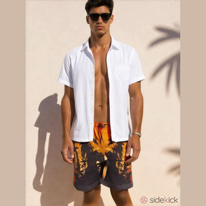 Nike Board Shorts Mens Medium Orange Black Floral Hawaiian Tropical Hybrid Swim